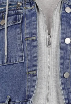 Blauwe Denim Jas met Grijze Capuchon en Zakken met Rits