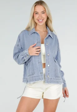 Blauwe Denim Jas met Klepzakken, Trekkoord en Knoopsluiting
