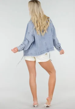 Blauwe Denim Jas met Klepzakken, Trekkoord en Knoopsluiting