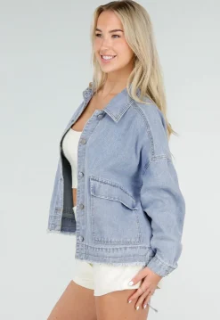 Blauwe Denim Jas met Klepzakken, Trekkoord en Knoopsluiting