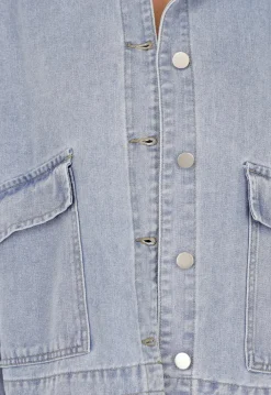 Blauwe Denim Jas met Klepzakken, Trekkoord en Knoopsluiting