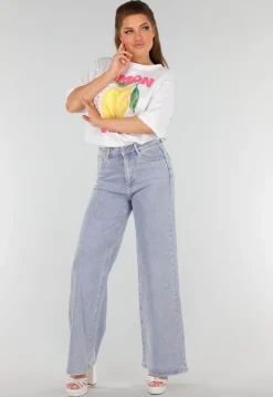 Blauwe Denim Jeans met Strass, High Waist en Rechte Stretch Fit