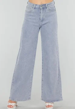 Blauwe Denim Jeans met Strass, High Waist en Rechte Stretch Fit
