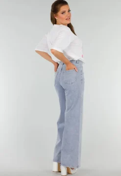 Blauwe Denim Jeans met Strass, High Waist en Rechte Stretch Fit