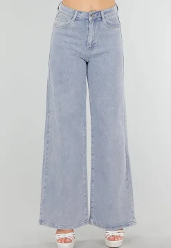 Blauwe Denim Jeans met Strass, High Waist en Rechte Stretch Fit