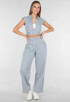Blauwe Denim Set met Cropped Gilet en Broek