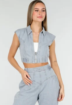 Blauwe Denim Set met Cropped Gilet en Broek