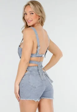Blauwe Denim Set met Cut-Out Bustier en High Waist Short