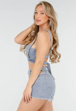Blauwe Denim Set met Cut-Out Bustier en High Waist Short