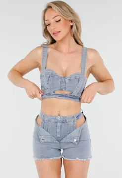 Blauwe Denim Set met Cut-Out Bustier en High Waist Short