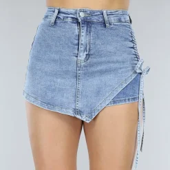 Blauwe Denim Skort met Overslag en Veterdetails