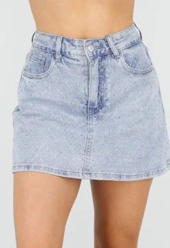 Blauwe Denim Skort met Strass Details en Rechte Pasvorm
