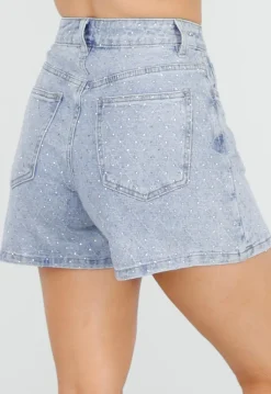 Blauwe Denim Skort met Strass Details en Rechte Pasvorm