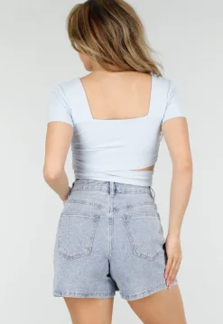 Blauwe Denim Skort met Strass Details en Rechte Pasvorm