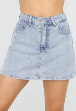 Blauwe Denim Skort met Strass Details en Rechte Pasvorm
