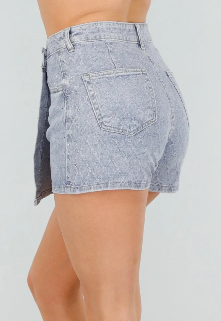 Blauwe Denim Skort met Strass, Stretch en High Waist Sluiting