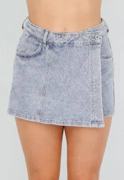 Blauwe Denim Skort met Strass, Stretch en High Waist Sluiting