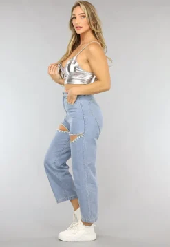 Blauwe Denim Straight Leg Jeans met Strass Steentjes