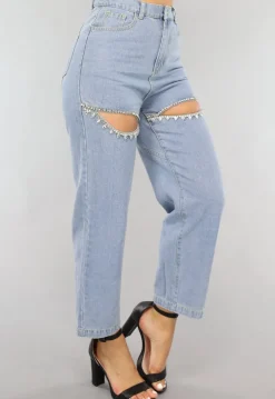 Blauwe Denim Straight Leg Jeans met Strass Steentjes