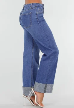 Blauwe Denim Straight Leg Jeans met Glitter Omslag