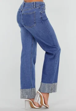 Blauwe Denim Straight Leg Jeans met Glitter Omslag
