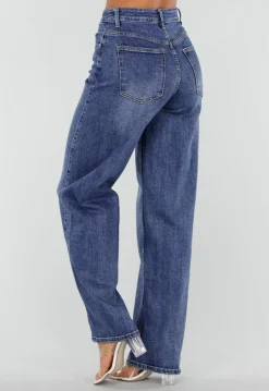 Blauwe Denim Straight Leg Jeans met Hoge Taille en Rechte Pijpen