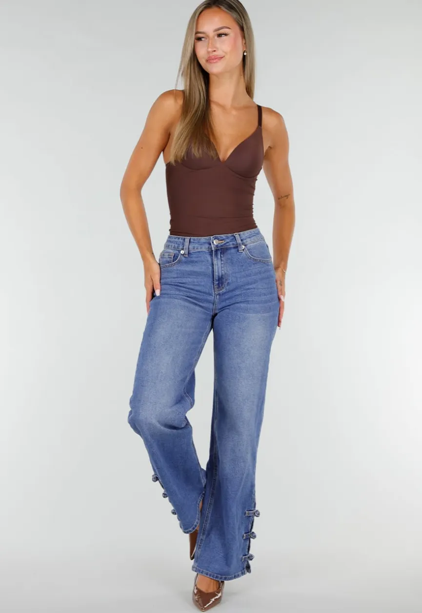 Blauwe Denim Straight Leg Jeans met Knoopbandjes aan de Broekspijpen