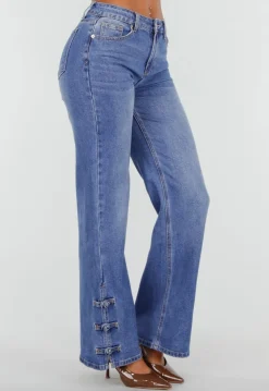Blauwe Denim Straight Leg Jeans met Knoopbandjes aan de Broekspijpen
