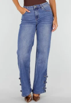 Blauwe Denim Straight Leg Jeans met Knoopbandjes aan de Broekspijpen