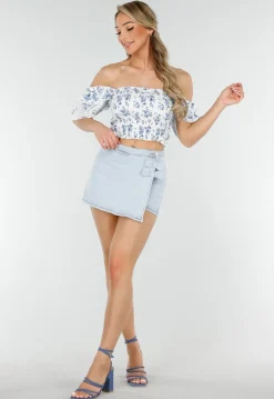 Blauwe Denim Strappy Sandalen met Blokhak en Wikkelbandjes rond de Enkel