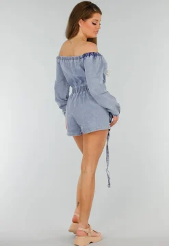 Blauwe Denim Stretch Off Schoulder Playsuit met Tailleband en Zakken met Ritssluiting