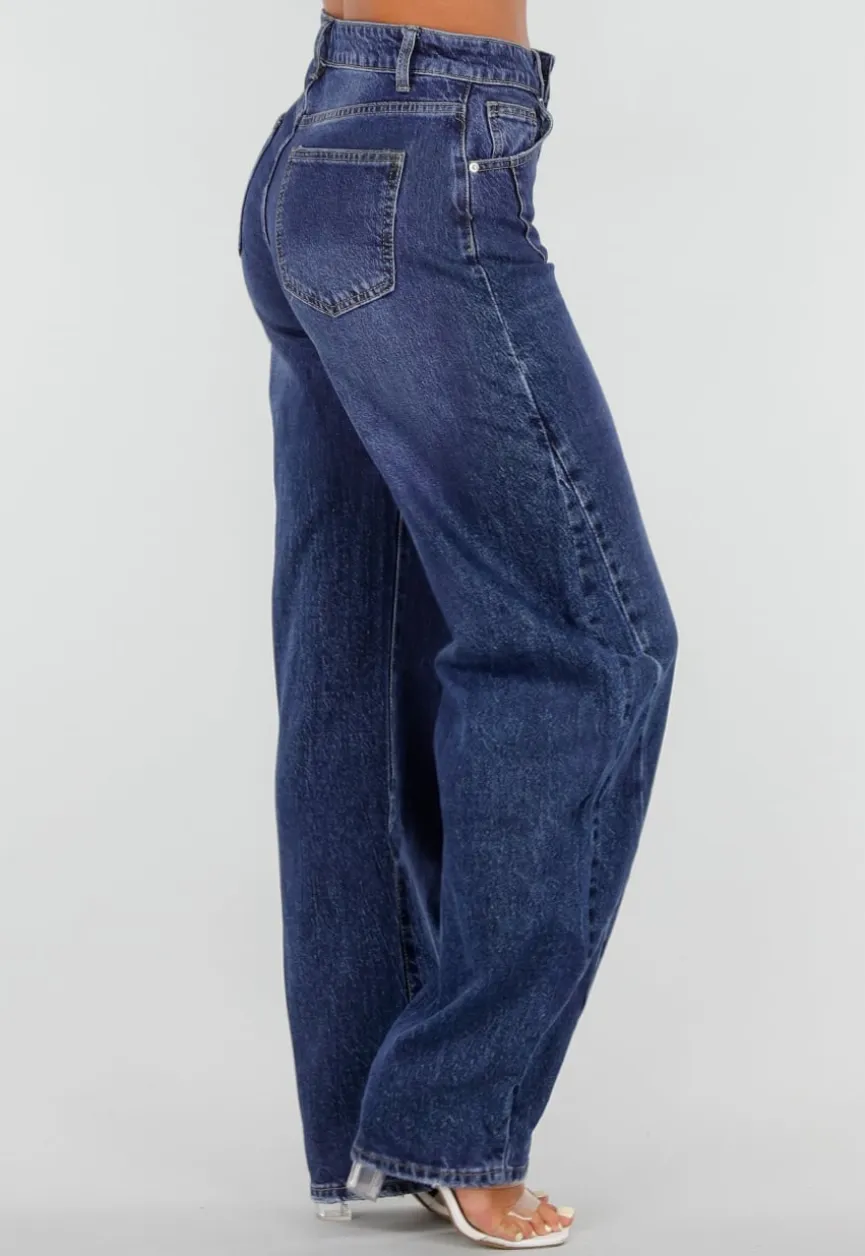 Blauwe Denim Tall Barrel Jeans met Hoge Taille en Lange Pijpen