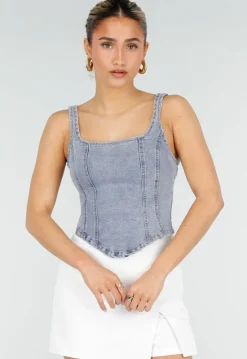 Blauwe Denim Top met Brede Bandjes en Getailleerde Pasvorm