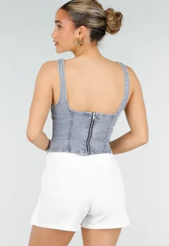 Blauwe Denim Top met Brede Bandjes en Getailleerde Pasvorm