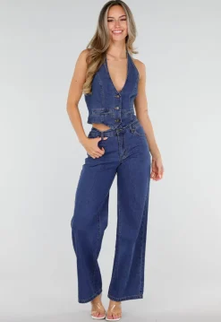 Blauwe Denim Two Piece Set met Halter Gilet en Wide Leg Jeans Voor Dames