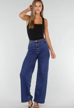 Blauwe Denim Wide Leg Jeans met Zwarte Kanten Achterzakken