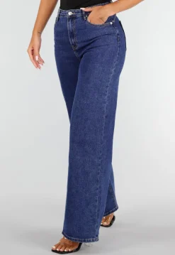 Blauwe Denim Wide Leg Jeans met Zwarte Kanten Achterzakken