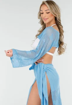 Blauwe Gehaakte Cover-Up Set met Hartjesmotief en Bijpassende Bolero