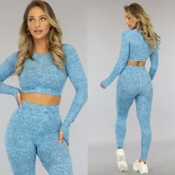 Blauwe Gemêleerde Sporttop met Duimgaten