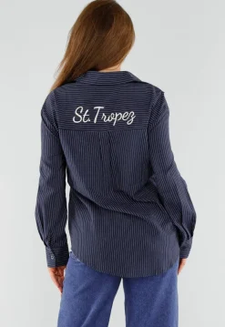 Blauwe Gestreepte Blouse met St. Tropez Borduursel Achterop