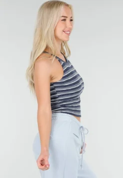 Blauwe Gestreepte Cropped Halter Top met Pads en Stretch