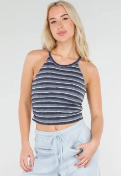 Blauwe Gestreepte Cropped Halter Top met Pads en Stretch