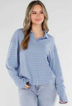 Blauwe Gestreepte Polo Longsleeve met Stretch