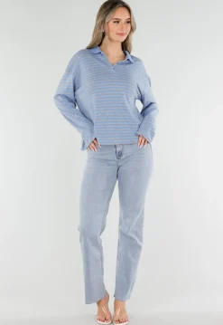 Blauwe Gestreepte Polo Longsleeve met Stretch