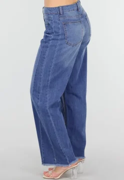 Blauwe High Waist Wide Leg Jeans met Subtiele Wassing en Rafelige Zoom