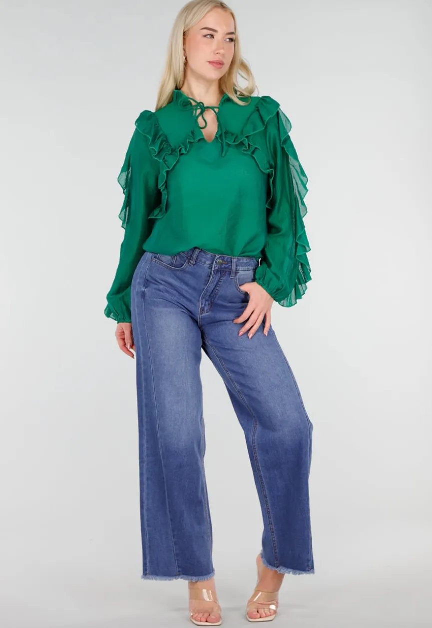 Blauwe High Waist Wide Leg Jeans met Subtiele Wassing en Rafelige Zoom