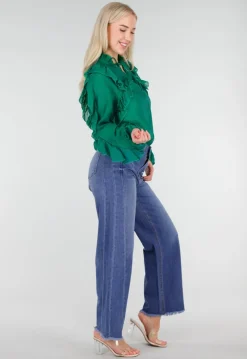 Blauwe High Waist Wide Leg Jeans met Subtiele Wassing en Rafelige Zoom