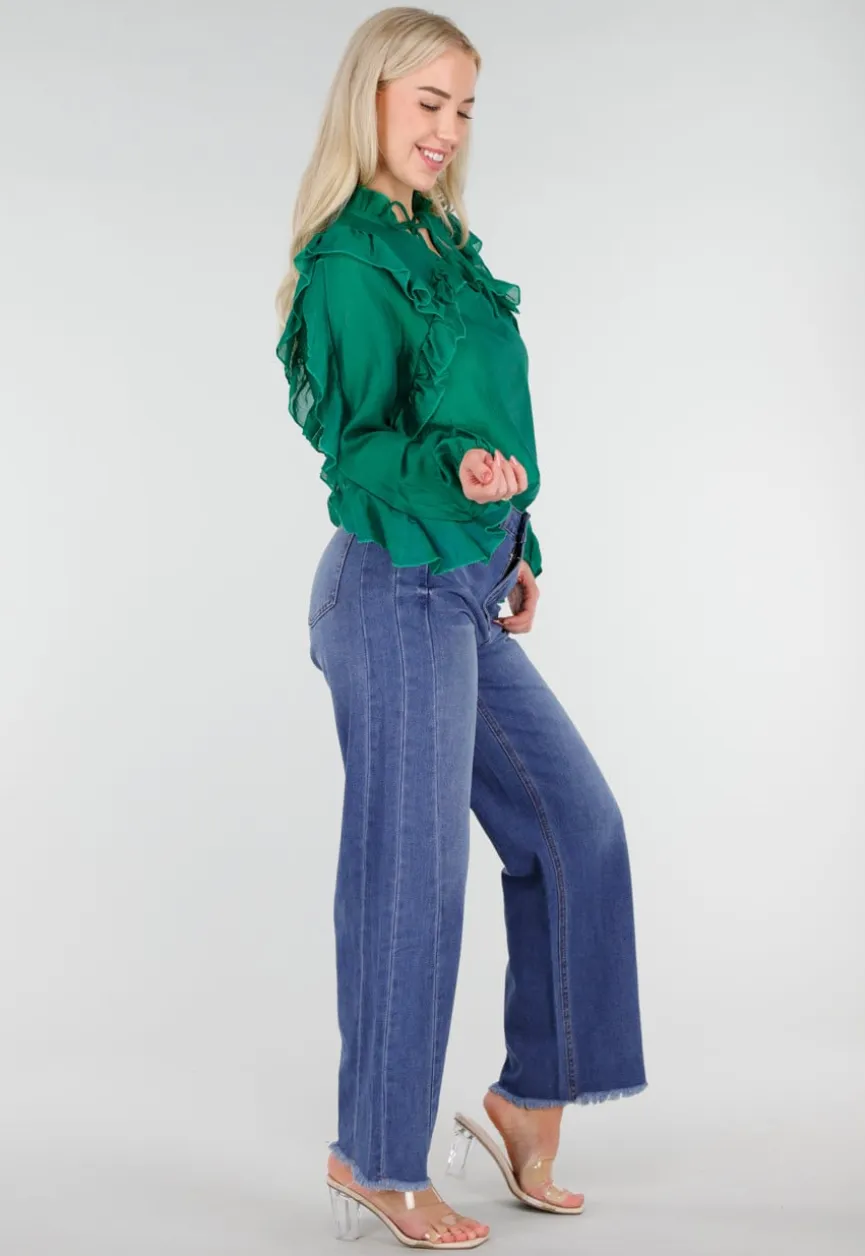 Blauwe High Waist Wide Leg Jeans met Subtiele Wassing en Rafelige Zoom