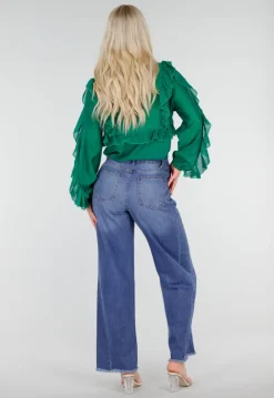 Blauwe High Waist Wide Leg Jeans met Subtiele Wassing en Rafelige Zoom