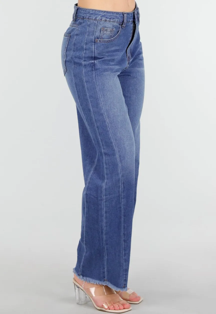 Blauwe High Waist Wide Leg Jeans met Subtiele Wassing en Rafelige Zoom